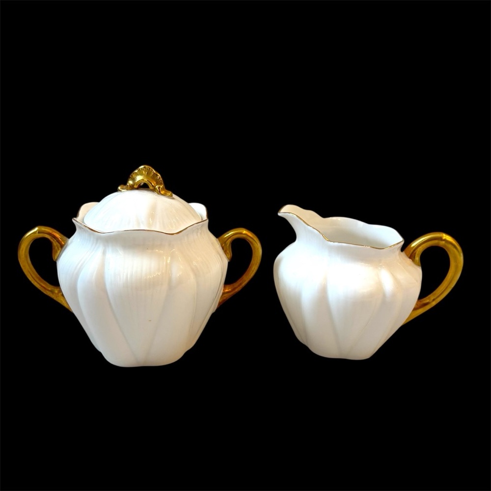 Vtg Shelley England Fine Bone China Sugar Bowl Creamer Regency Bridgerton Gold